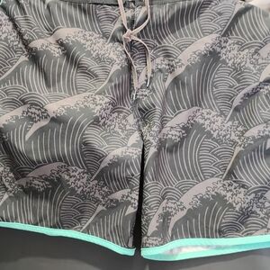 Men's Gray Wave-Print Swim Trunks with Mint Trim